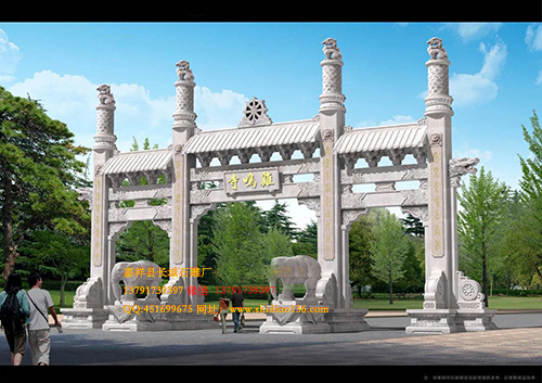 景区石雕山门和寺院石牌坊图